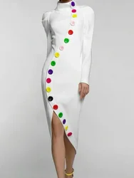 UOOZEE 2025 New Autumn X-shape High-Neck Party Dress Colorful Buttoned Long Sleeves Slim Urban Elegant Evening Midi Dresses