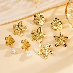 Hypoallergenic 18k Gold Plated Stainless Steel For Women Party Jewelry Fashion Vintage Flower Stud Earrings Premium Accessories
