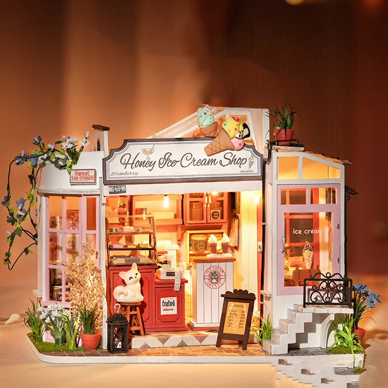 Animazione Kawaii Negozio di gelati Fai da te Cabina fatta a mano Arte Casa Casa Scena in miniatura Modello Ornamento Blocchi di costruzione Regalo di compleanno