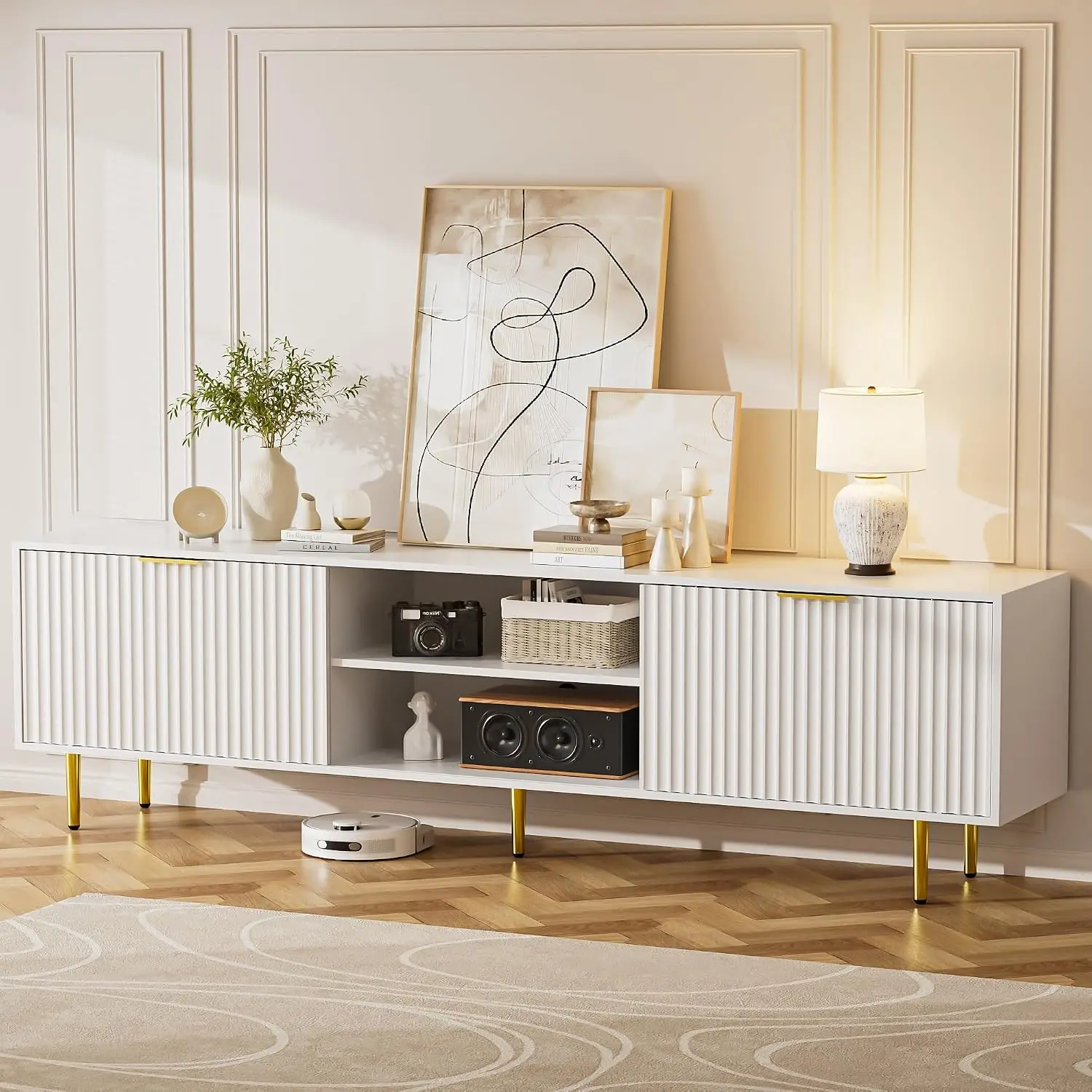 70 Inch Fluted Tv Stand Mid Century Modern Tv Console Accommodates 65 70 75 80 Inch Tv Wood Entertainment Center Storage Sliding