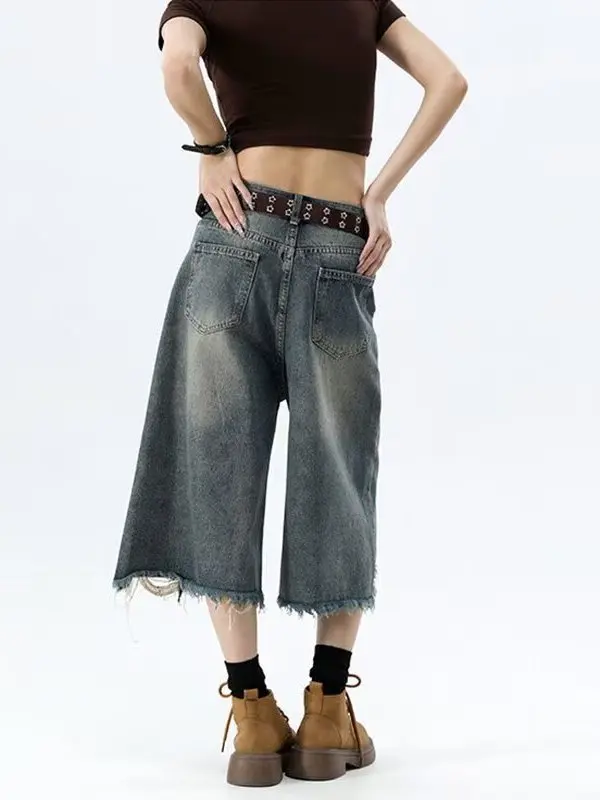 American Style Vintage Ripped Seven-Foot Women's Jeans Summer Loose Straight Leg Wide Pants Non-Matching Shorts