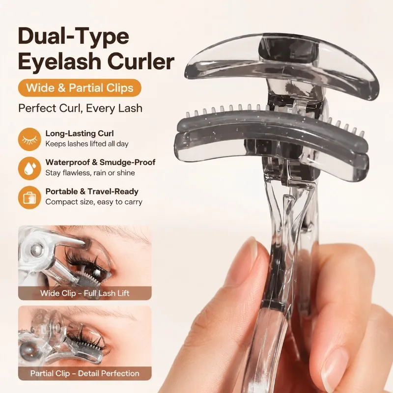 Dual-Type Eyelash Curler with Comb, Wide & Partial Clips, Waterproof Long-Lasting Curl, Unisex, Portable Travel Lash Curler