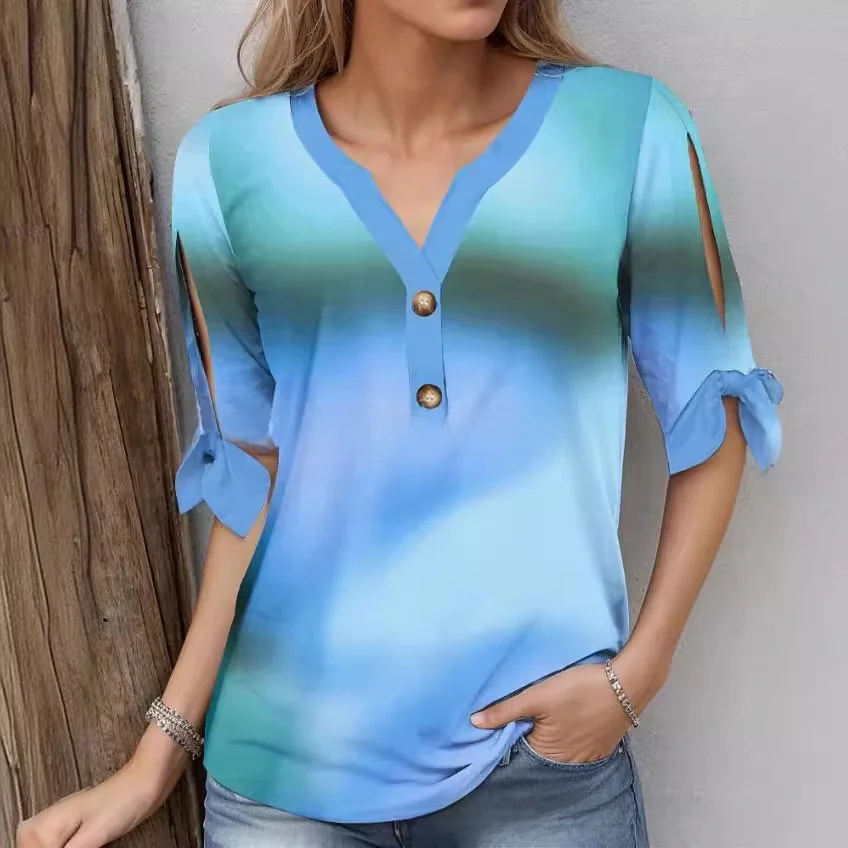 

Faionable Повседневная кнопка с принтом adient Свободный V-Ne irt Осенний модный свободный крой Обычная тонкая длина Five Sve