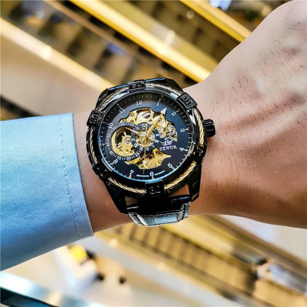 Automatic Mechanical Watch with Double-Sided Hollow Design for Men, Waterproof, Luminous, Leather Strap Watch, High-End Business, Simple, Fashionable, Trendy Wristwatch, Best-Selling Watch, the Best Gift for Him