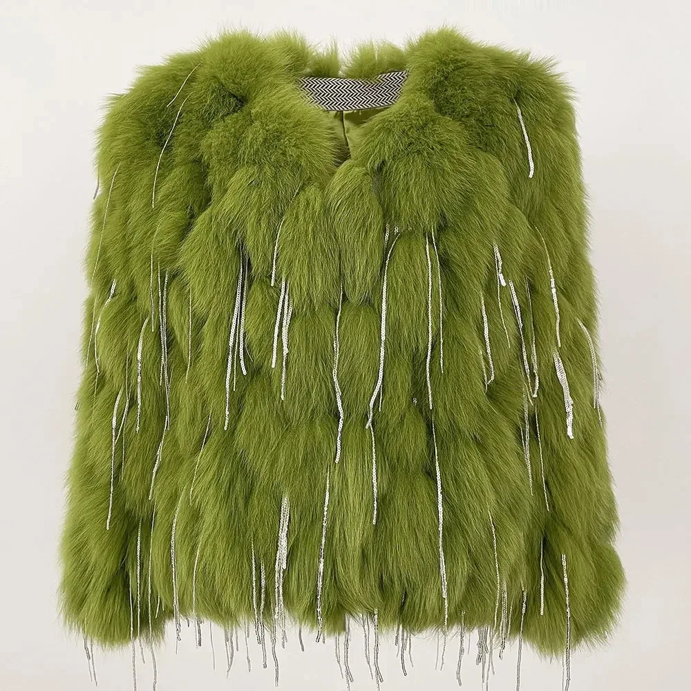 سترات من فرو الثعلب الحقيقي فاخرة موضة جديدة للشتاء معطف فرو الثعلب الطبيعي السميك سترات دافئة مبيعات ساخنة معاطف نسائية جديدة من الفرو بشراشيب #2