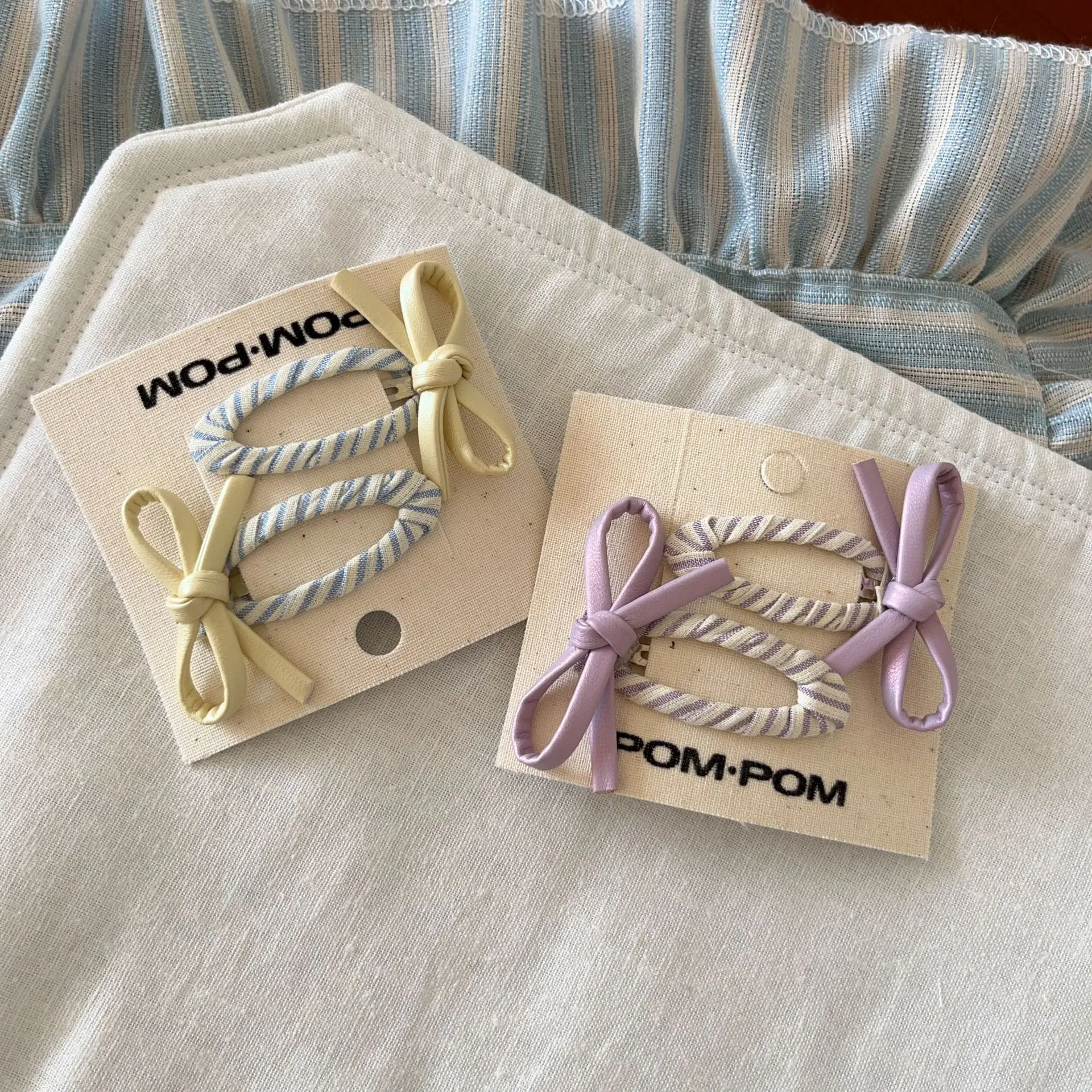 Barrettes 2 Pack Macaron Color Faux Leather Bow Striped Non Slip Versatile Durable Snap Clips for Side Bangs Everyday Use