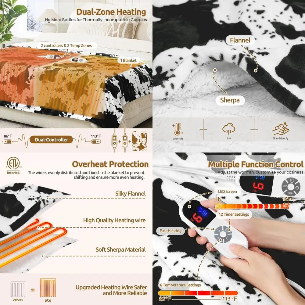 

Электрическое одеяло размера Queen с двойным управлением, 6 уровнями нагрева, таймером на 1-12 часов, из шерпы и фланели, машинная стирка, черный принт с коровьим узором