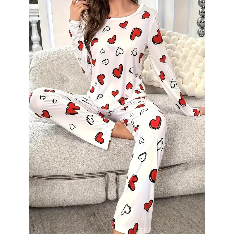 This year's new double-length autumn and winter model Heart-printed casual pajama set