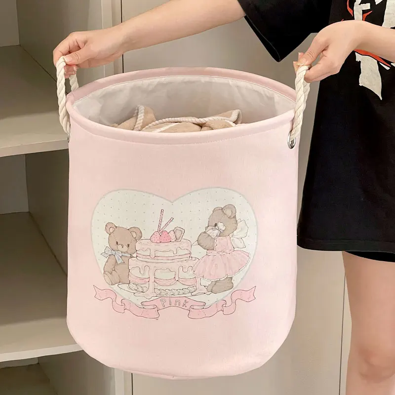 Collapsible Pink Laundry Basket for Baby Girls Round Cartoon Bear Rabbit Nursery Hamper Toys Storage Basket For Bedroom Décor