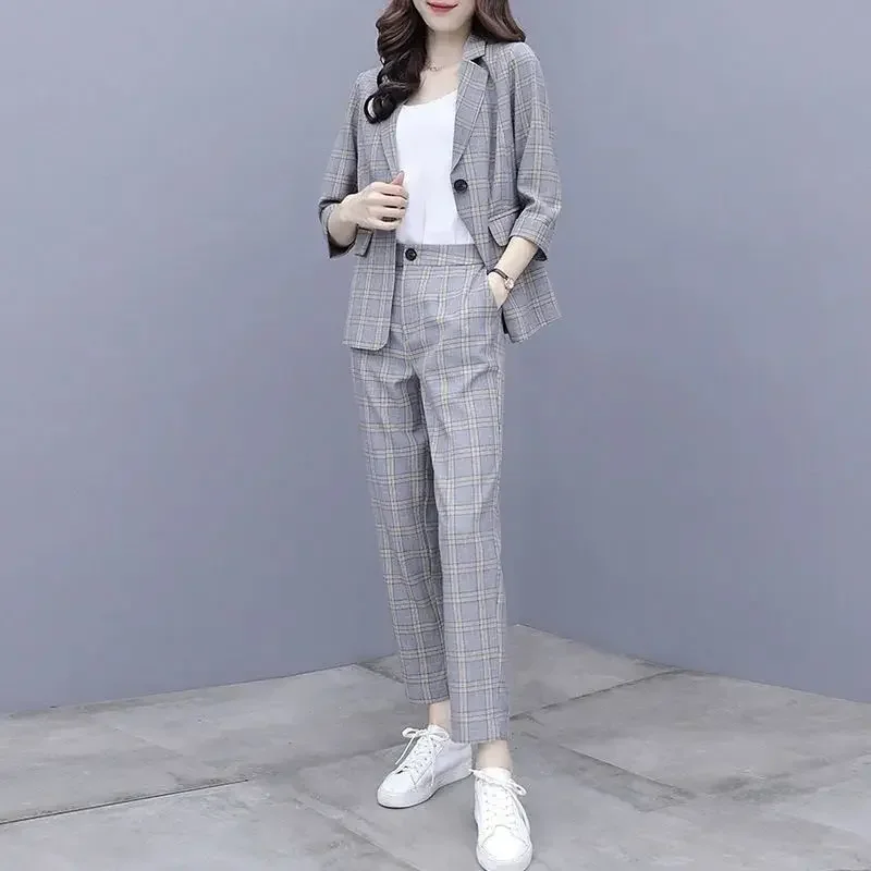 

Женский офисный костюм-двойка, клетчатый костюм из блейзера и брюк