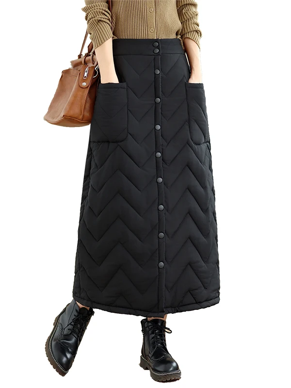 Rok A-Line Berbahan Katun Hangat Berlapis, Pinggang Tinggi, Kancing Ganda, Kasual, Serat Poliester, Model Pear Straight Body