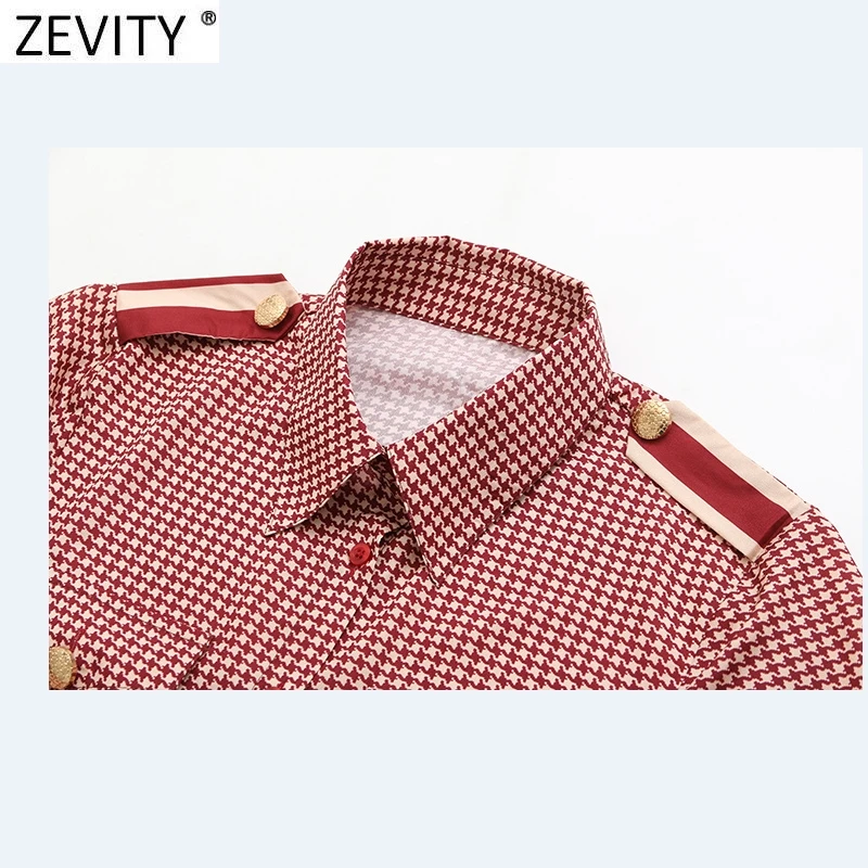 Zevity Women Vintage Red Houndstooth Print Patchwork Casual Smock Blouse Office Lady Pocket Patch Shirts Chic Blusas Tops LS9341