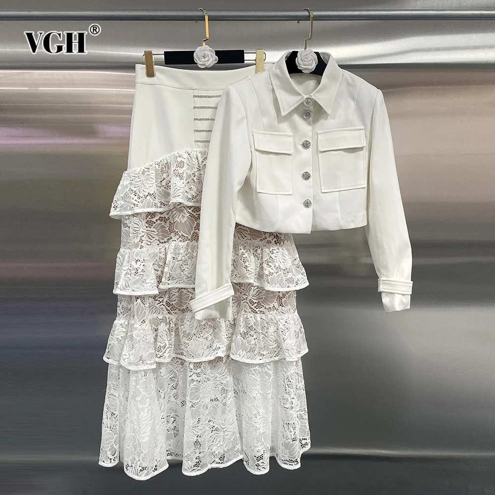 

VGH Solid Basic Two Piece Set For Women Lapel Long Sleeve Short Top High Waist Spliced Lace Ruffels Hem Skirt Casual Suit Female