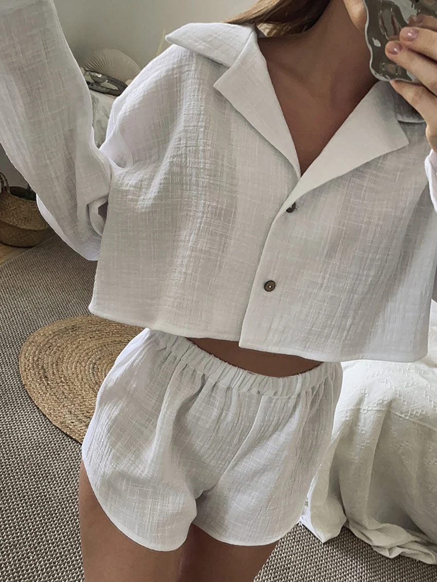 Marthaqiqi Loose Femme Nightgown Set Long Sleeve Pajama Crop Top Nightie Turn-Down Collar Nightwear Shorts Cotton Sleepwear Suit