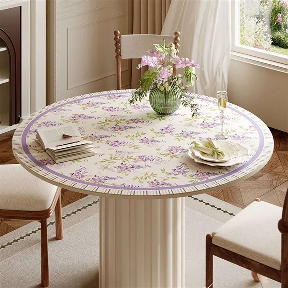 Light Luxury Round Table Mat Waterproof Oil-Proof Anti-Scalding Leather Wash-Free Purple Plant Printed Dining Table Tablecloth