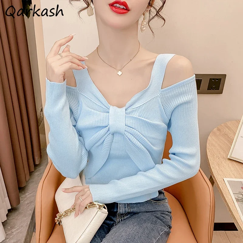 

Пуловеры женские с бантом сексуальные Sim для женщин элегантные распространенные Ulzzang ретро шикарные модные повседневные эстетические укороченные вязаные свитера