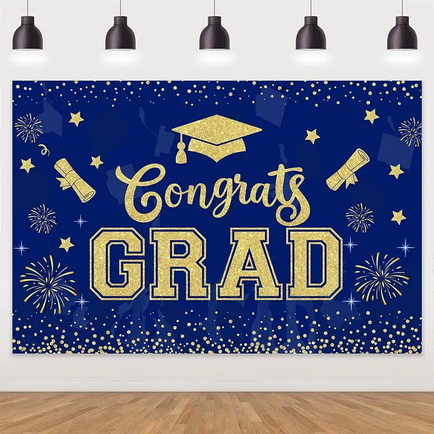 

Kreat4joy Blue and Gold 5*3ft Grad Graduation Theme Background Cloth,Glitter Printed Bachelor Cap for Congrats Party Supplies