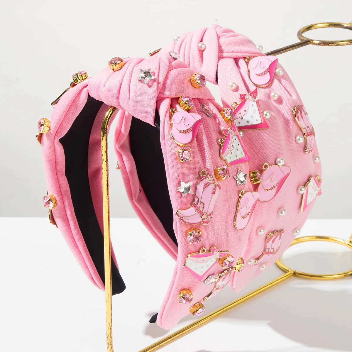 Heming's new fashion trend denim tribal style pink fabric with diamonds pearl hat shoes boots headband women's hair accessories