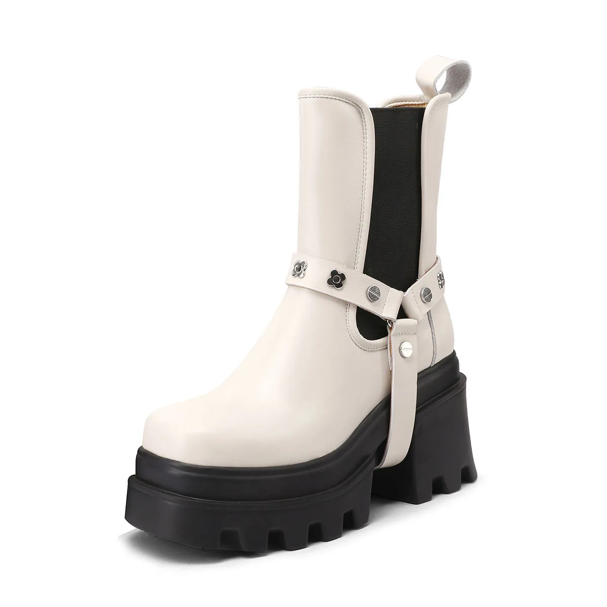first-layer cowhide thick-soled Chelsea boots square head sleeve waterproof table thick-soled rivets cigarette tube short boots