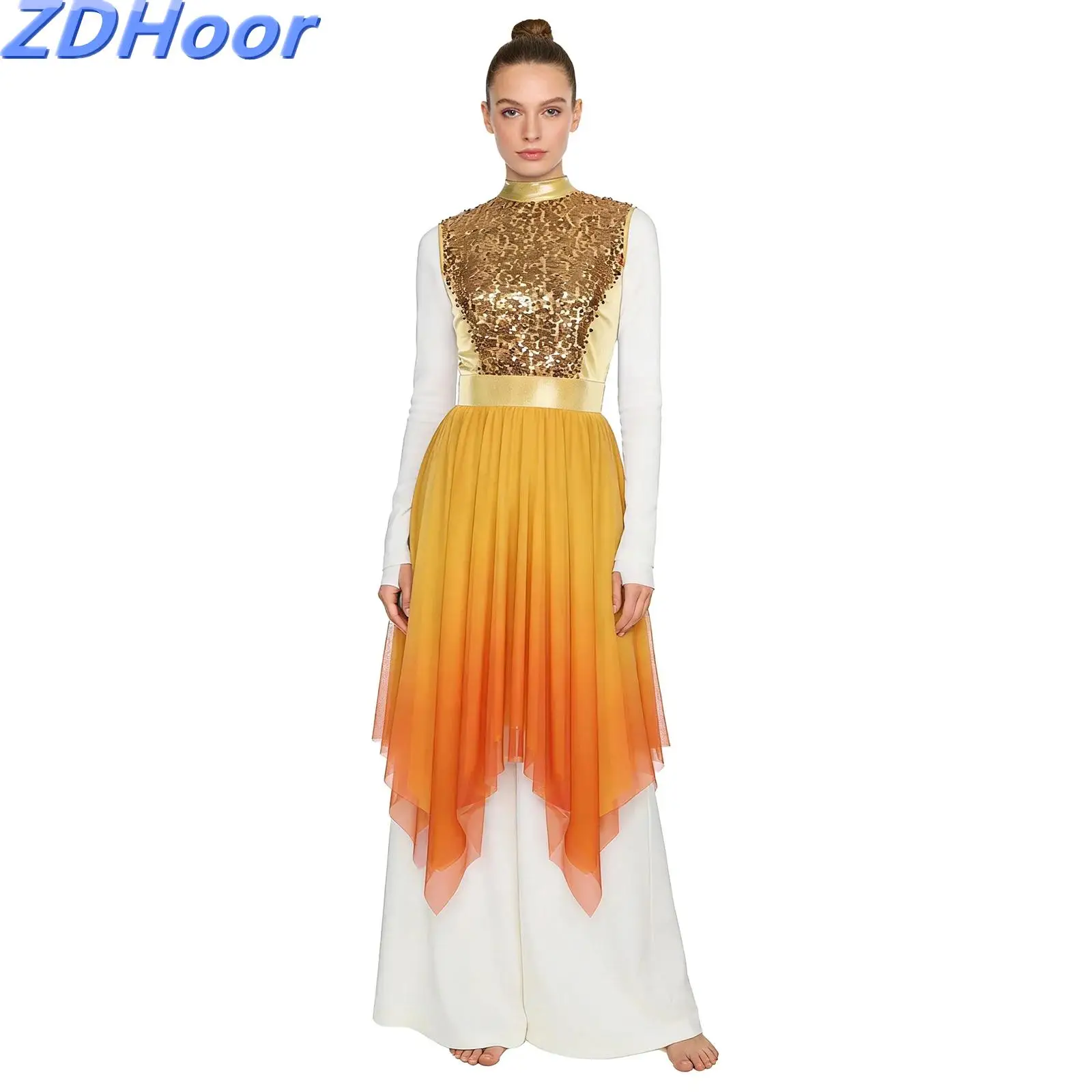 

Женское лирическое литургическое танцевальное платье для поклонения, танцевальное платье, блестящий лиф с блестками, градиентная сетка, нерегулярный подол