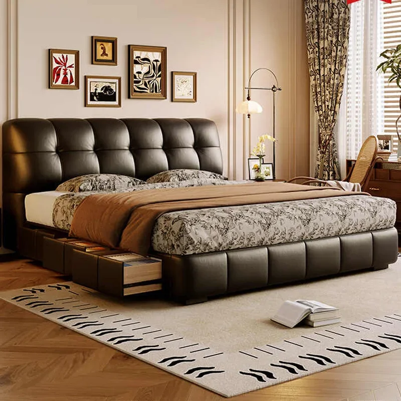 Puff leather bed retro cream style master bedroom double bed Italian minimalist medieval style storage leather bed