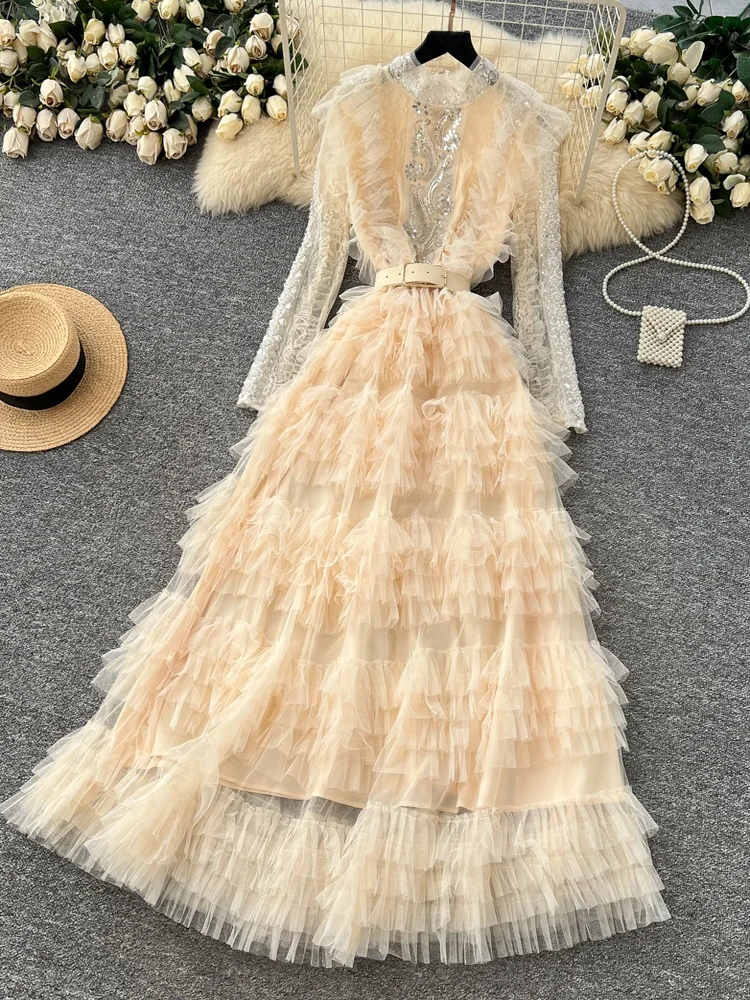 우아한 오버사이즈 비즈 자수 메쉬 퍼프 드레스 여성 슬림 하이웨이스트 롱 스커트 한국 스타일 출퇴근 패션