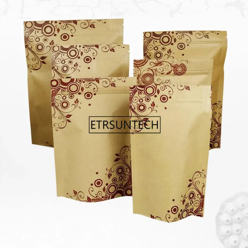 

500Pcs/Lot Brown Kraft Paper Zipper Doypack Aluminum Foil Grip Seal Food Storage Stand Up Pouches Bags Packaging Printing