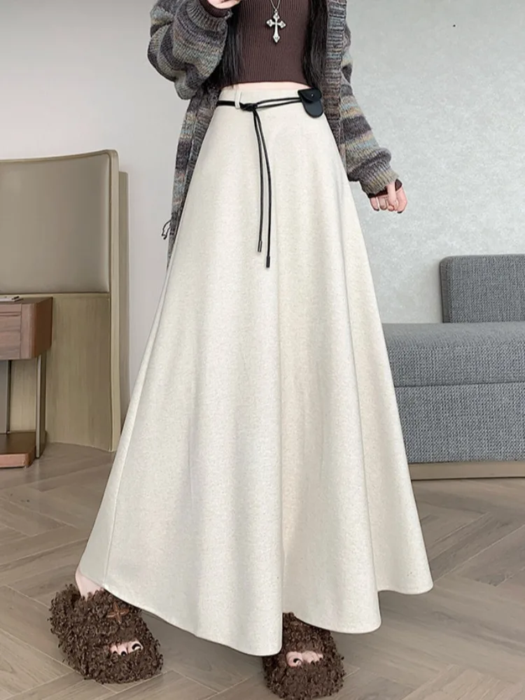 Thiened بدلة صوفية تنورة المرأة الخريف الشتاء تصميم تحسس حبل مربوط ثنيات عالية الخصر ضئيلة ألف خط مظلة تنورة
