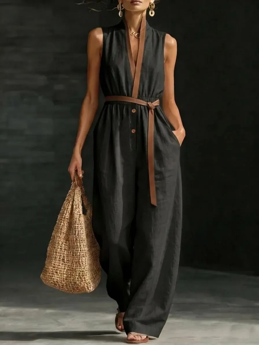 

New Spring/Summer Fashion Casual Sleeveless V-neck Solid Color Slim Fit Patchwork Pockets Ankle-Length Jumpsuits,5 Colors