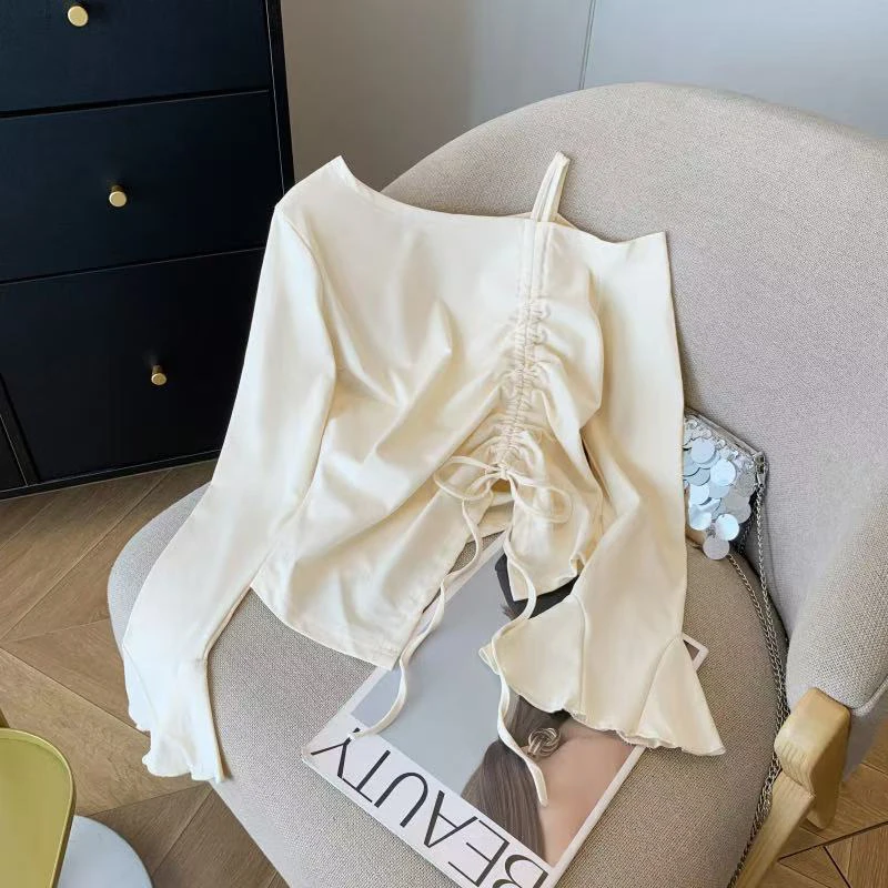 Fashion Flare Sleeve Women T Shirt Korean Solid Irregular Slim Female Tops Y2K Spring New Slash Neck All Match Drawstring Tees
