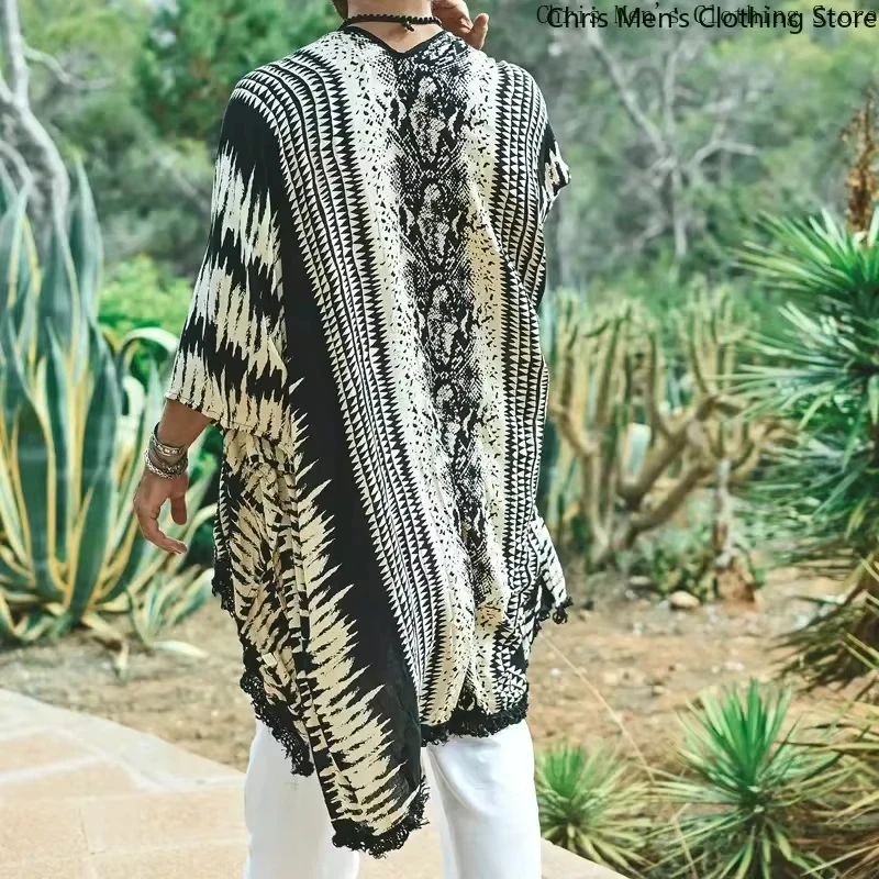 Bohemian Travel Casual Men's Cardigan New Retro National Style Holiday Cardigan Shirt Men's Charm Beach Sunscreen Shirt T-shirt
