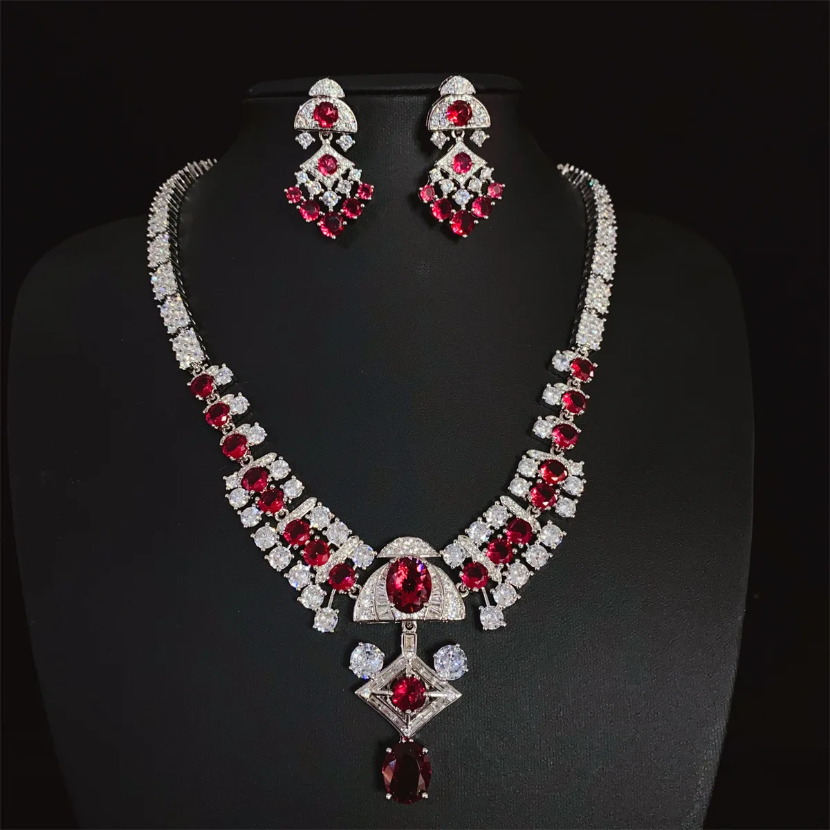 HIBRIDE New summer burst flash red diamond mermaid necklace earrings zirconia ladies jewellery set party prom wedding S-721