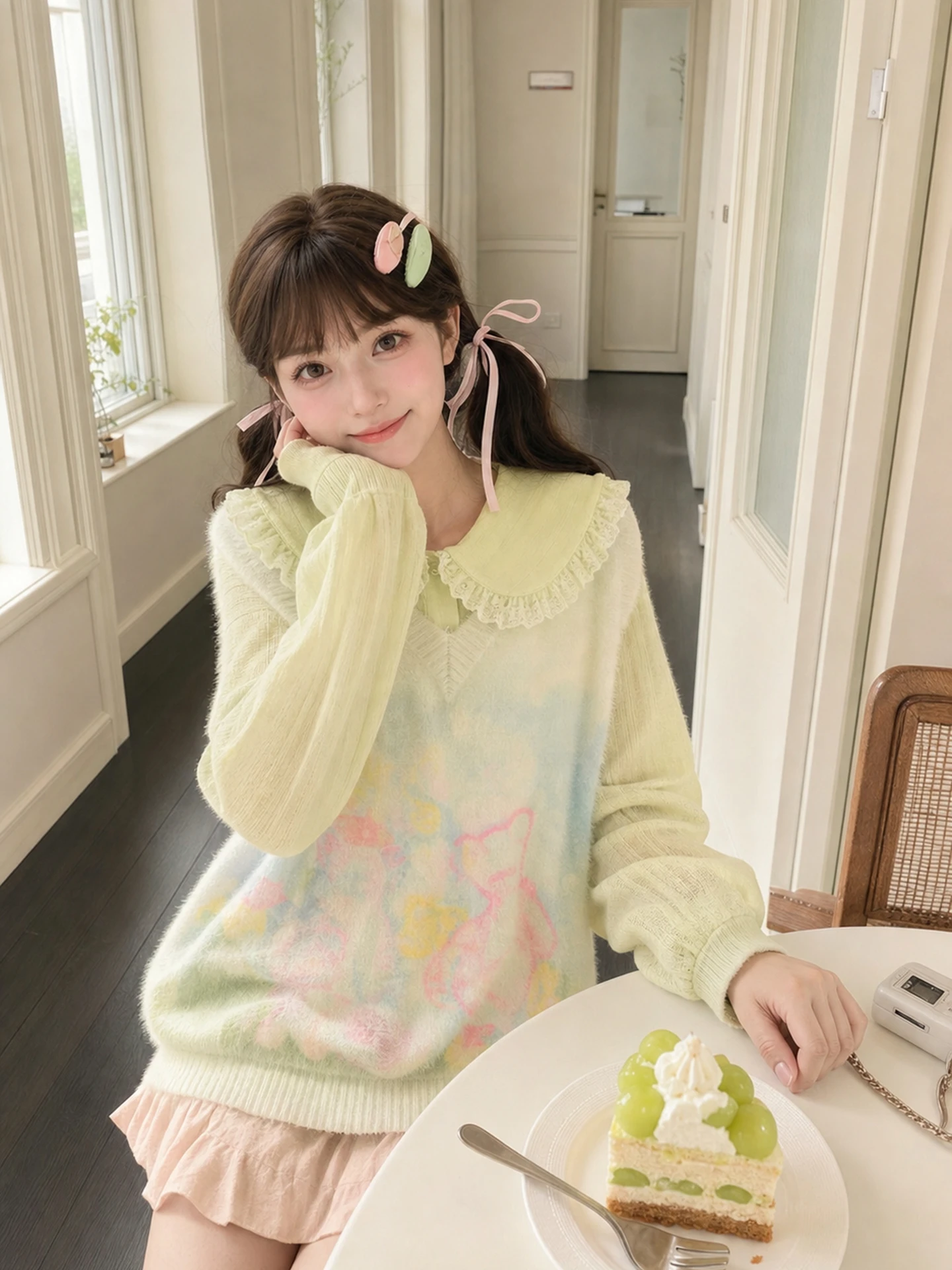 Sweet Style Gradient Bear V-neck Knitted Sweater Women's Loose Layering Top Autumn Fashion Soft Medium Nylon Rayon Polyester