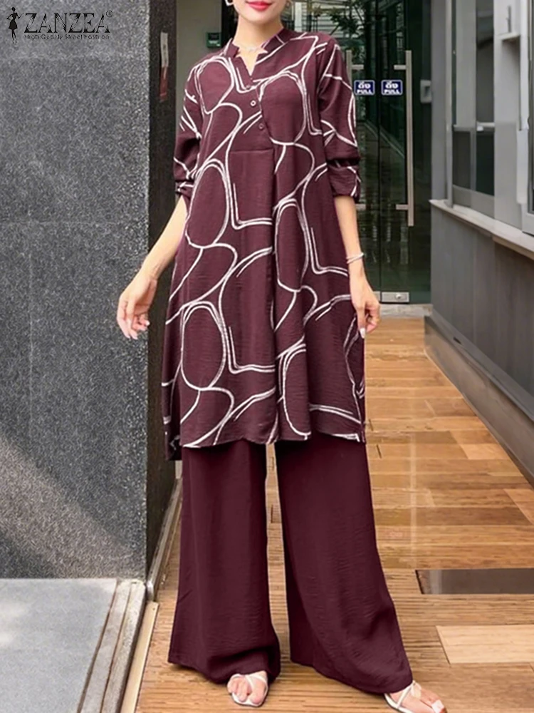 

2025 ZANZEA Осенние спортивные костюмы с принтом, женская одежда, комплект из 2 предметов, блузка с длинным рукавом, широкий брючный костюм, длинная рубашка, свободные брюки