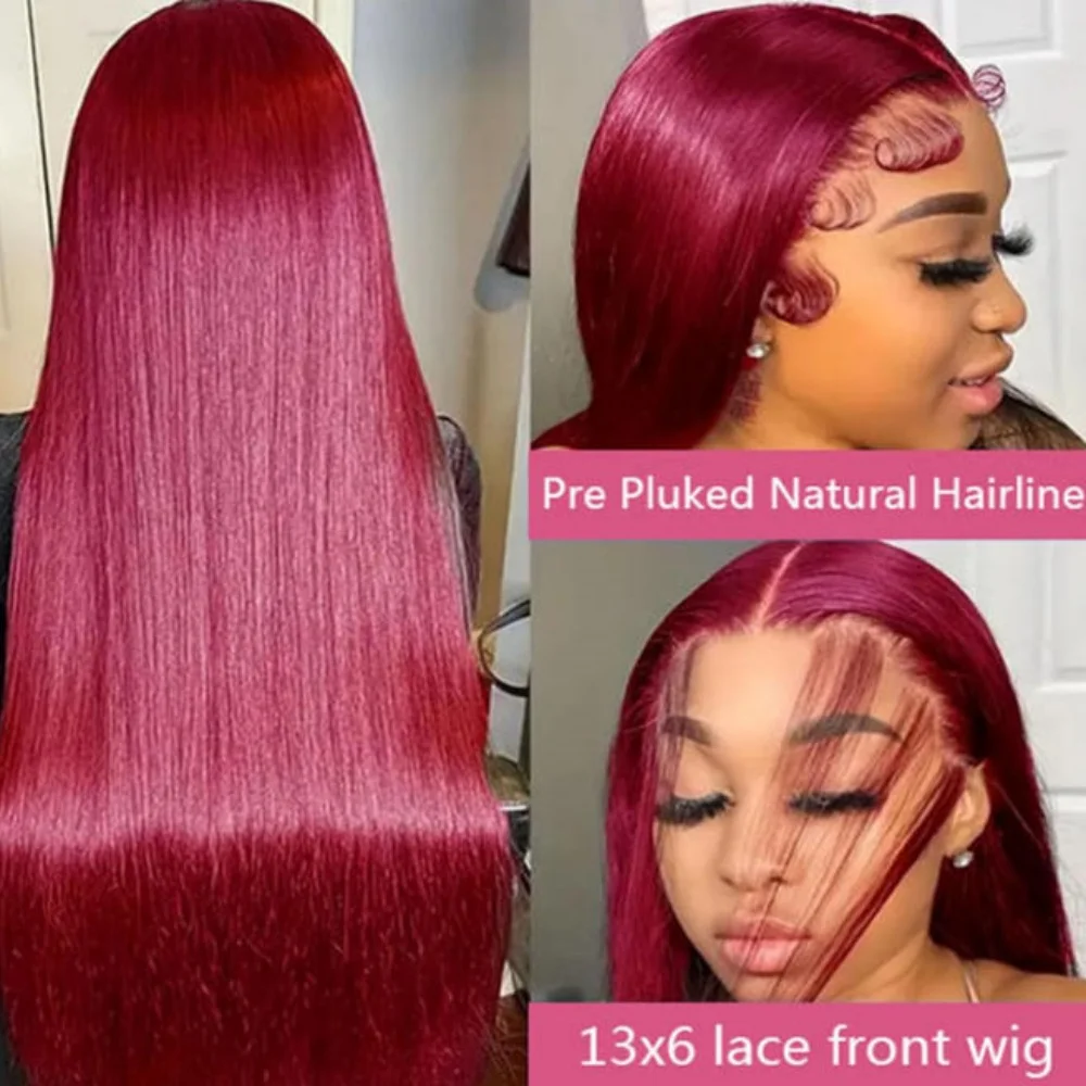 34 Inch 99J Burgundy Straight Brazilian Human Hair Wig 13x4 HD Transparent Lace Frontal Wig Pre Plucked Natural Hairline For Women