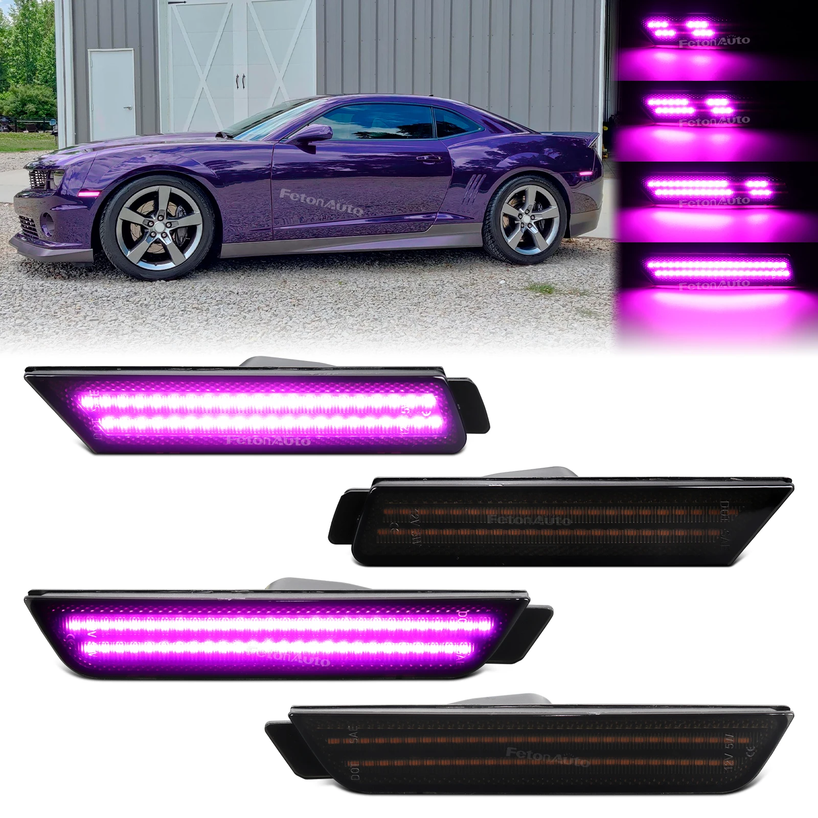 4pcs LED Dynamic Pink Purple Car Lamps Front & Rear Bumper LED Side Marker Light For Chevrolet Camaro 2010-2015