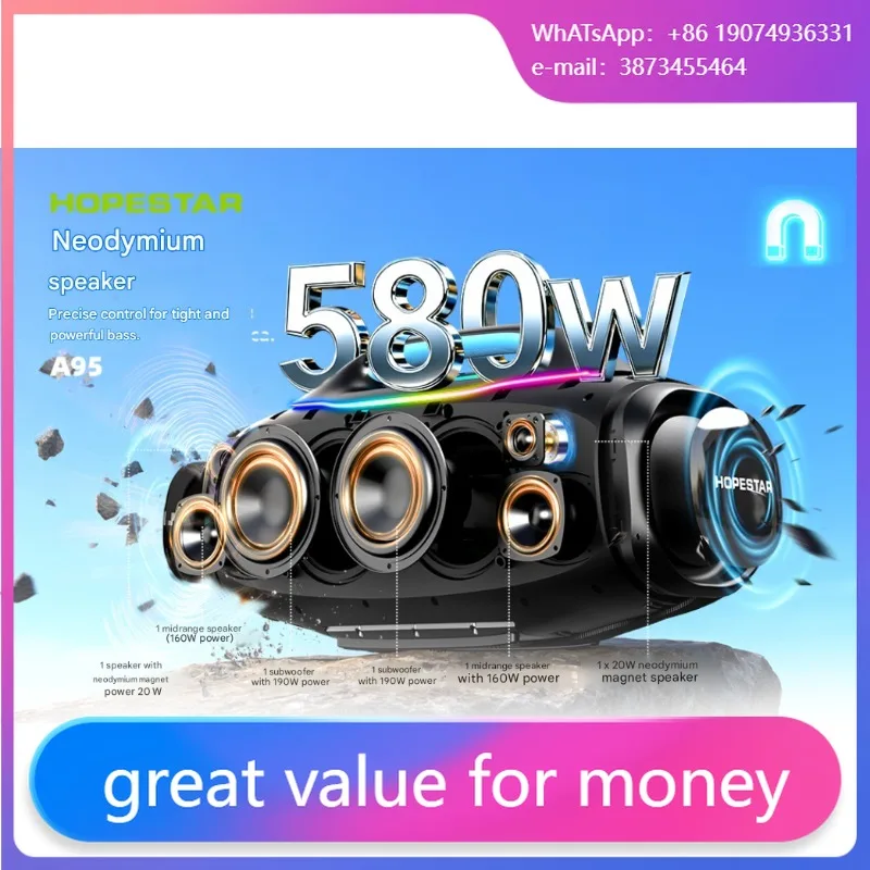 

HOPESTAR A95 580W Portable Bluetooth Speaker with UHF Wireless Mic 40000mAh Battery Outdoor Boombox with RGB Light & AuraCast