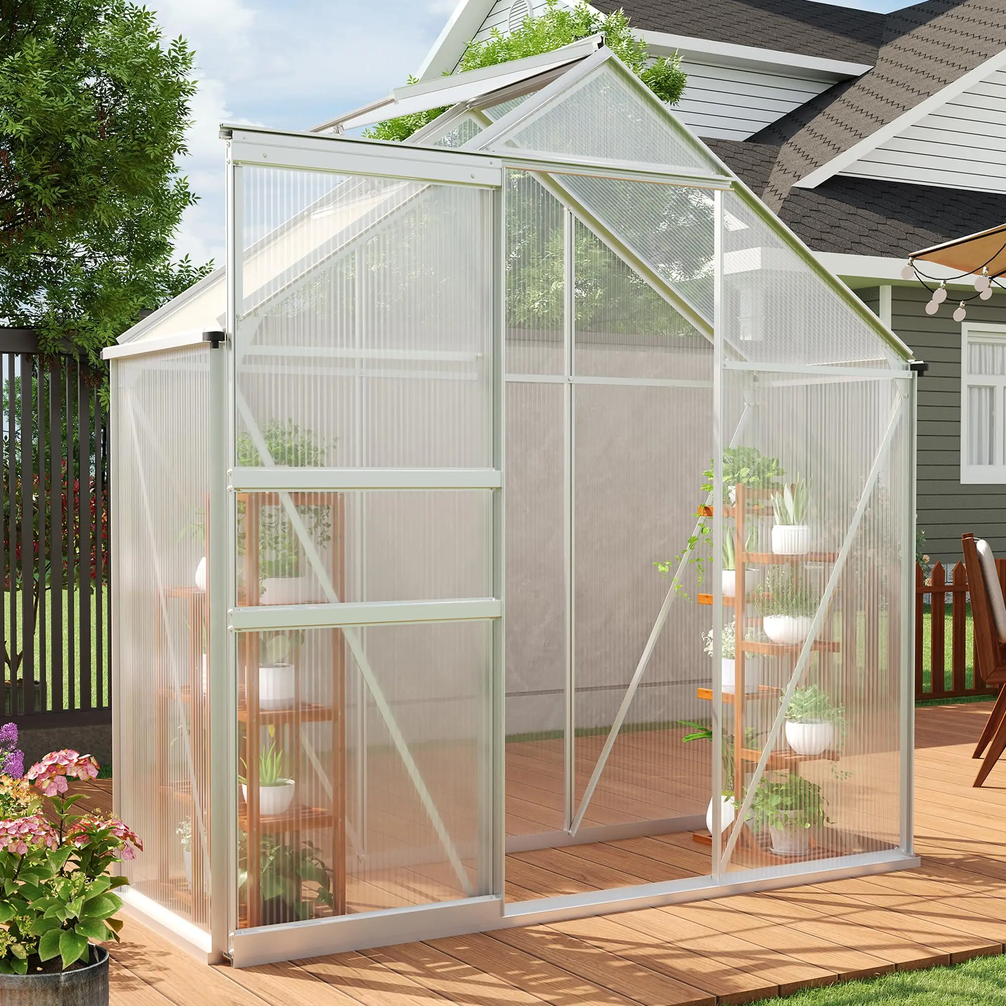 6×3 FT Greenhouse for Outdoors, Polycarbonate Greenhouse with Adjustable Roof Vent, Sliding Door and Rain Gutter