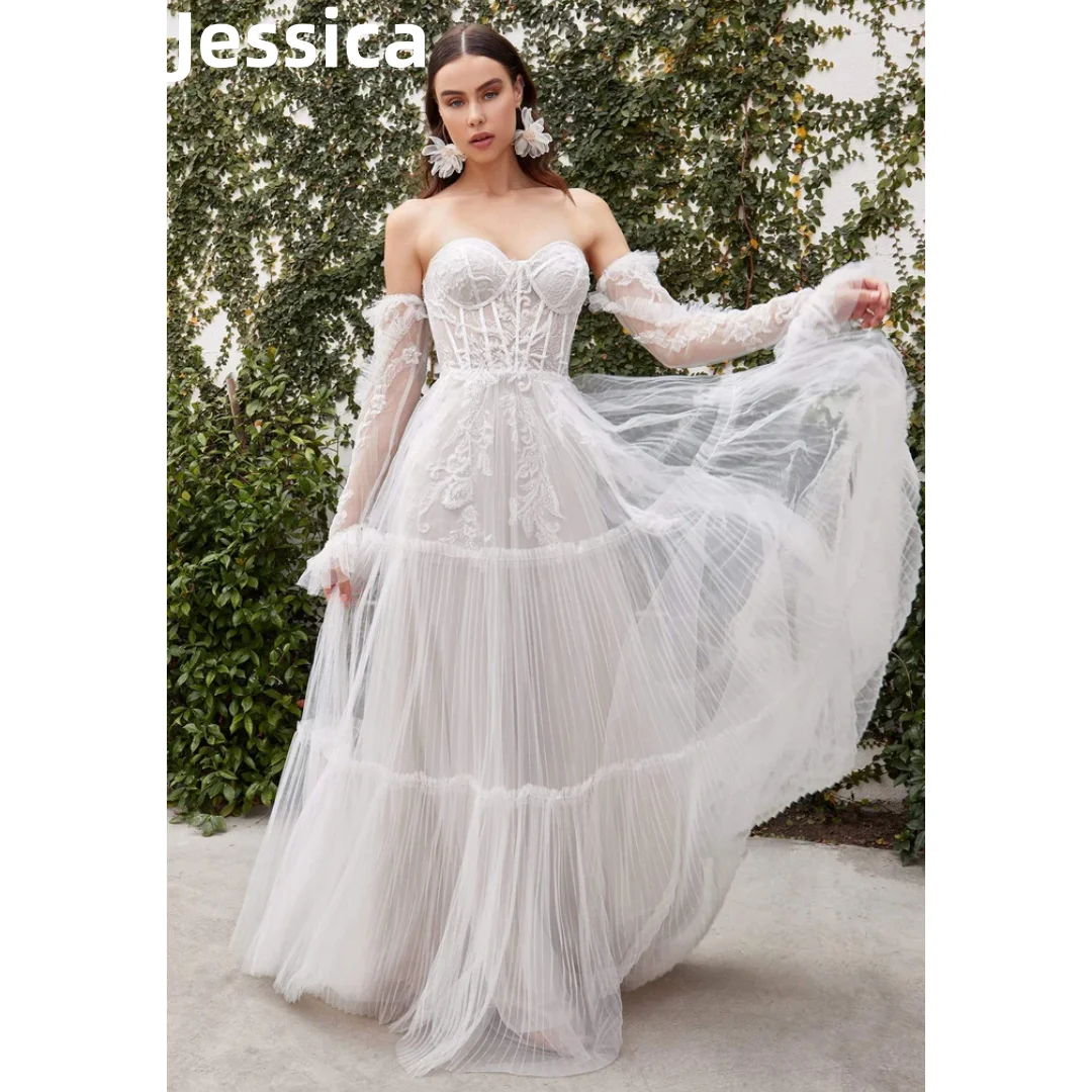 

Jessica Sweet White Prom Dresses Strapless Tulle Embroidered Evening Dresses Princess Wedding Party Dresses 2024Wedding Dress