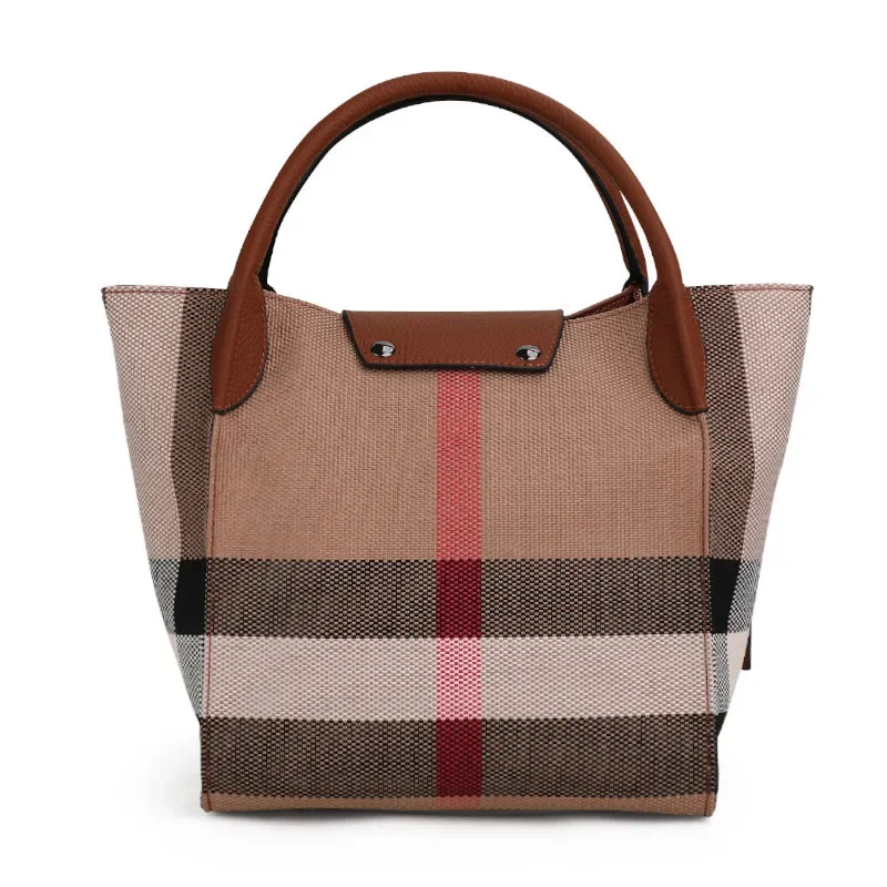 Ladies Top Layer Leather Tote Bag, Plaid Stripe Patchwork Design, Multi-Pocket Handbag Equipped with Adjustable Strap for Travel