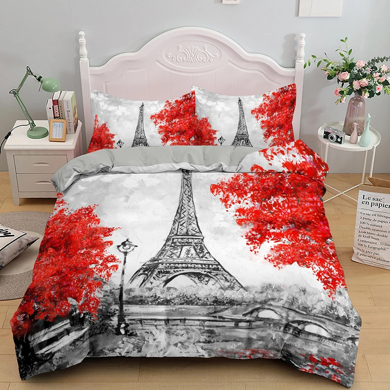 

Eiffel Tower King Queen Duvet Cover Paris Famous Architecture Bedding Set Adults Romantic Scenery 2/3pcs Quilt Cover