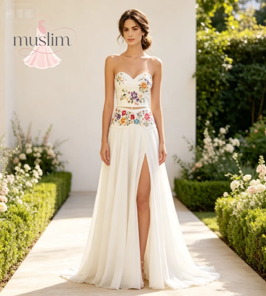 2 Pieces Fairy Boho Wedding Dress Crop Top Chiffon A‑Line Mexican Bridal Dress With Colorful Flower Embridery Slit Beach Civil