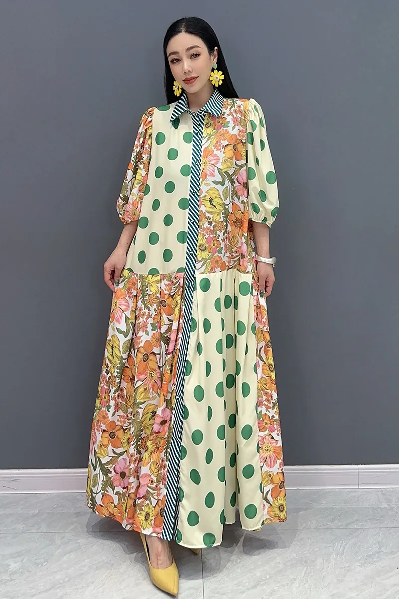 Summer New Elegant Women Printed Loose Long Dresses Female Fashion Lantern Sleeve Dress Wholesale