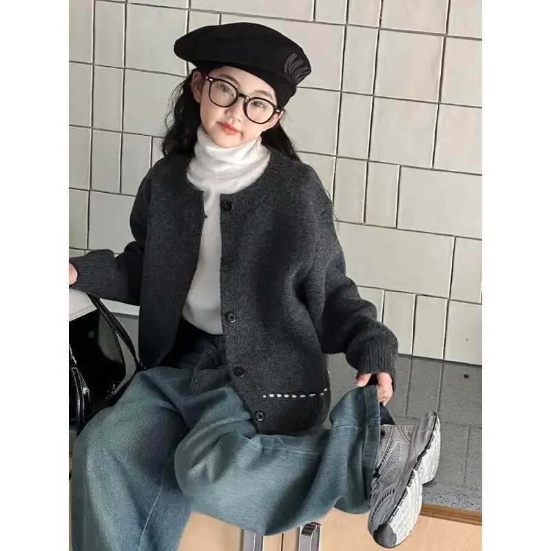 

Girls Grey Cardigan 2025 New Autumn Winter Knit Sweater Top Korean Style Stylish Jacket for Big Kids Children Fashion Outerwear