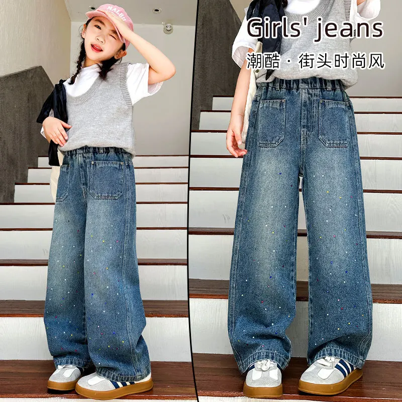 

Джинсовые брюки со стразами для девочек, модные детские прямые брюки, осенние длинные брюки, подходят для детей 7–14 лет