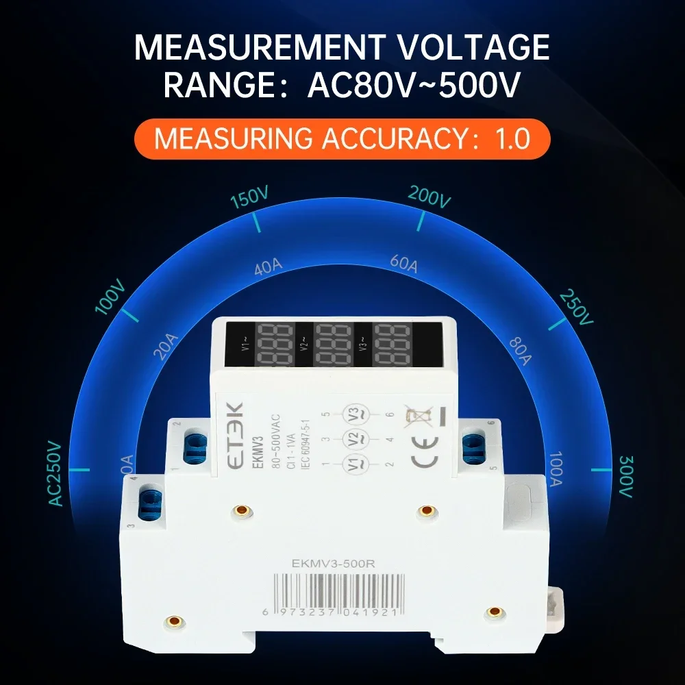 Modular Led Digital Three-phase Voltmeter For Din Rail Voltage Meter Ac 220v 230v 380v 80-500V EKMV3 ETEK