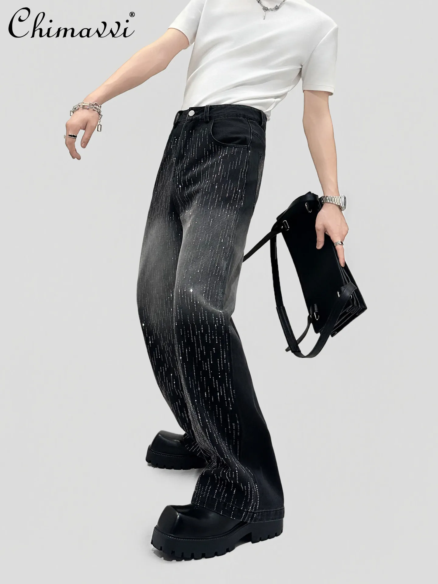 

American Streetwear Retro Heavy Industry Full Diamond Jeans Men's Fashion Trend High Waist Black Wide Legs Pants Denim Trousers