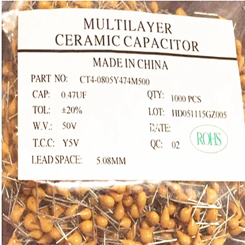 Brand new single stone capacitor 474 0.47UF 470NF with a pin distance of 5.08mm, straight insertion