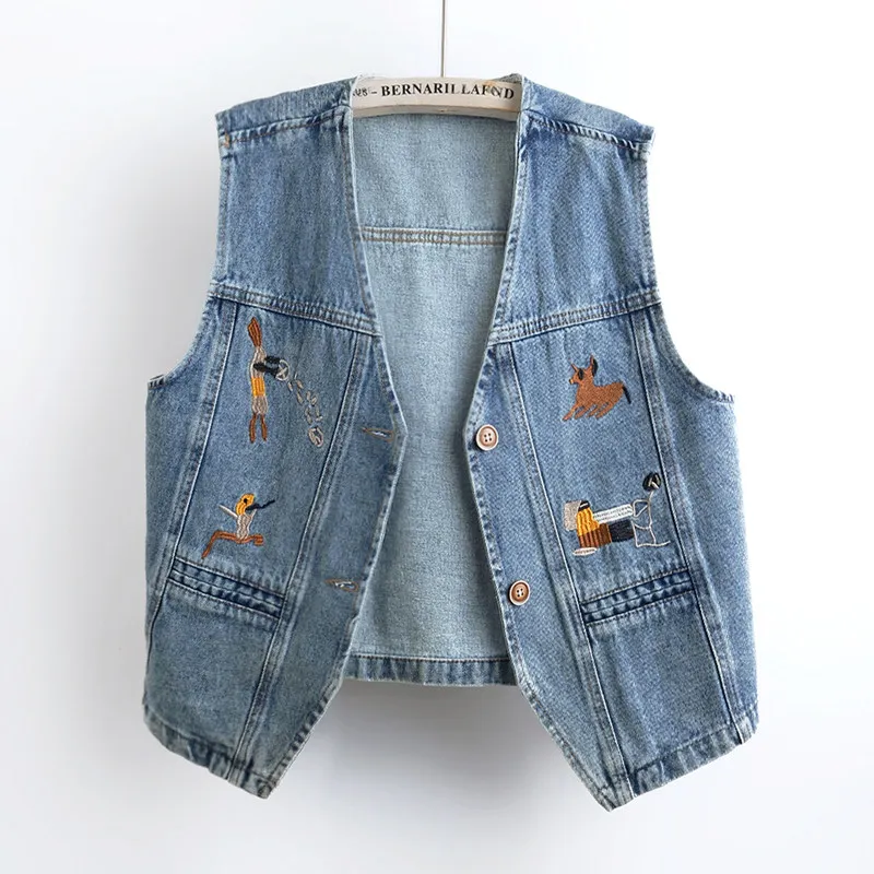 Nuevo Chaleco Vaquero Corto Azul con Bordado de Animales Vintage para Mujer, Cuello en V, Sin Mangas, Cierre de Botón, Veste Femme