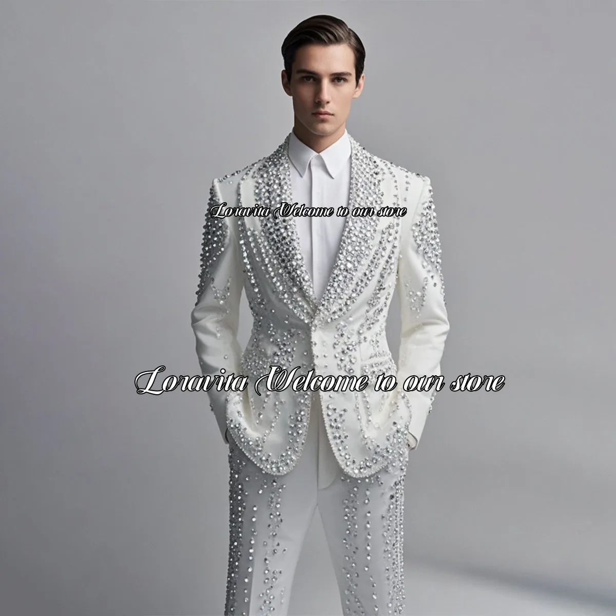 Sparkling Diamond Decoration Lapel Groom Wedding Tuxedos Luxury Beaded Men Suit 2 Pieces Business Male Prom Blazers Slim suits